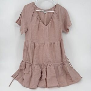 Madewell Womens Linen Blend Tiered V-Neck Mini Dress Dusty Rose Pink Small